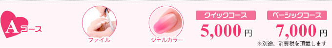 Aコース:クイックコース 5,250円/ベーシックコース 7,350円/ファイル+ジェルカラー
